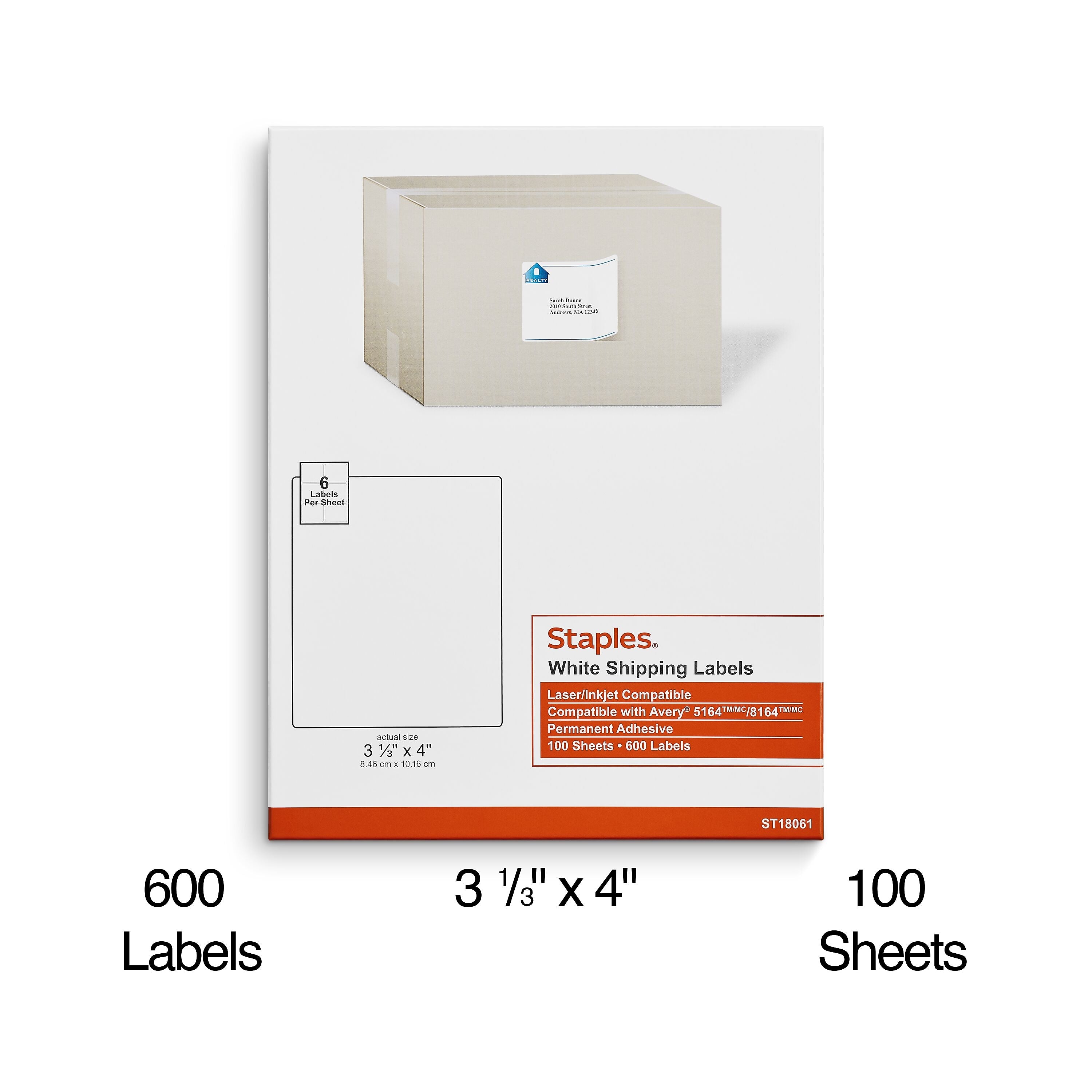 Staples Laser/Inkjet Shipping Labels, 3 1/3" x 4", White, 6 Labels/Sheet, 100 Sheets/Pack, 600 Labels/Box