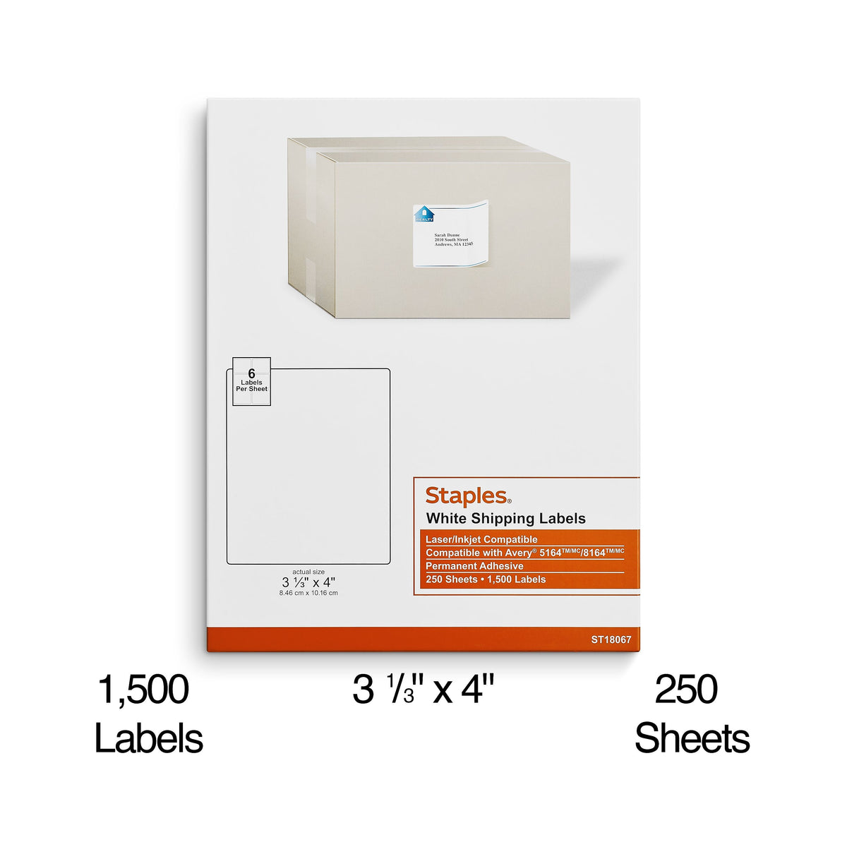 Staples Laser/Inkjet Shipping Labels, 3 1/3" x 4", White, 6 Labels/Sheet, 250 Sheets/Pack, 1500 Labels/Box