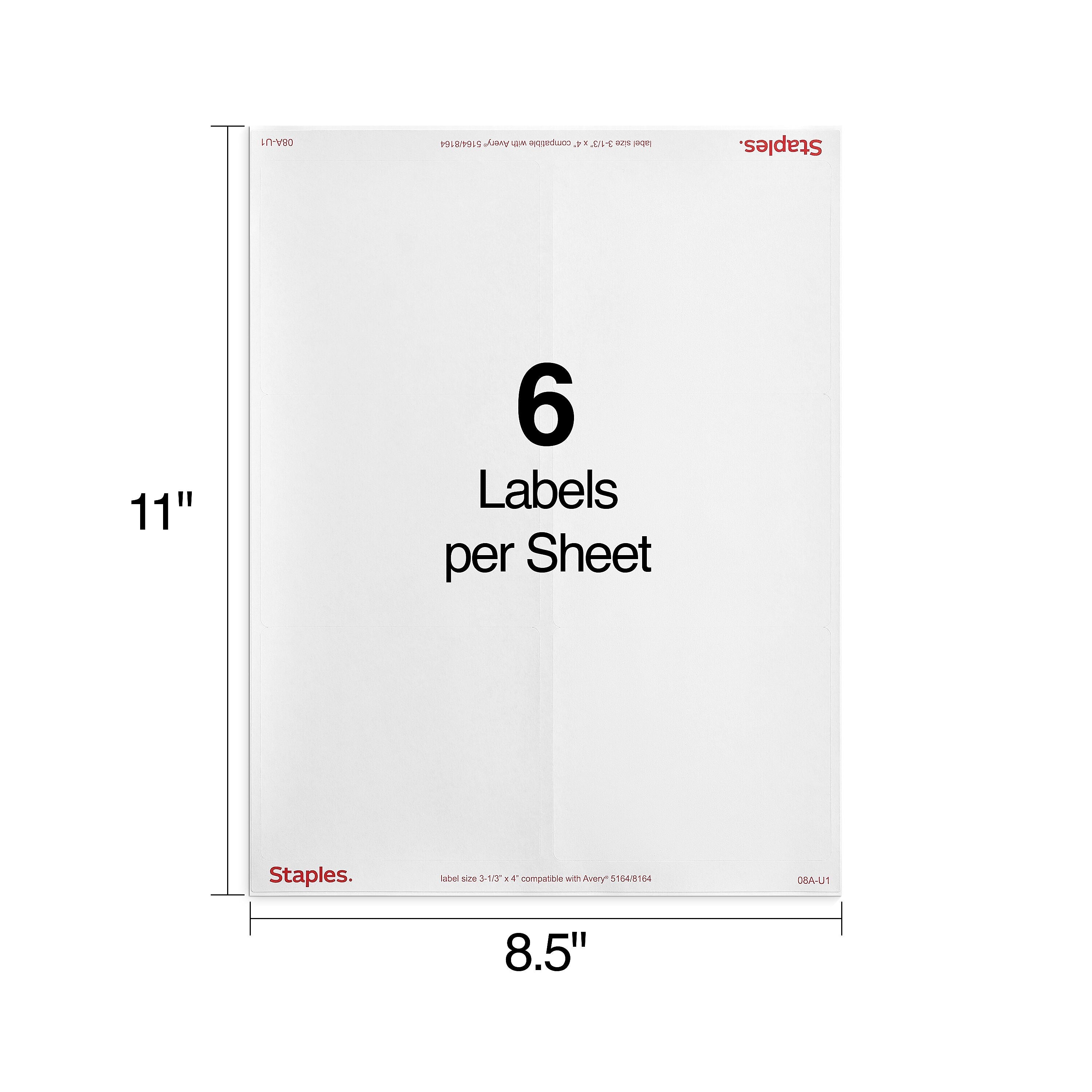 Staples Laser/Inkjet Shipping Labels, 3 1/3" x 4", White, 6 Labels/Sheet, 250 Sheets/Pack, 1500 Labels/Box