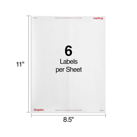 Staples Laser/Inkjet Shipping Labels, 3 1/3" x 4", White, 6 Labels/Sheet, 250 Sheets/Pack, 1500 Labels/Box