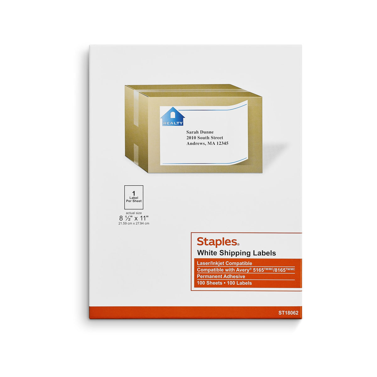 Staples Laser/Inkjet Shipping Labels, 8 1/2" x 11", White, 1 Label/Sheet, 100 Sheets/Box