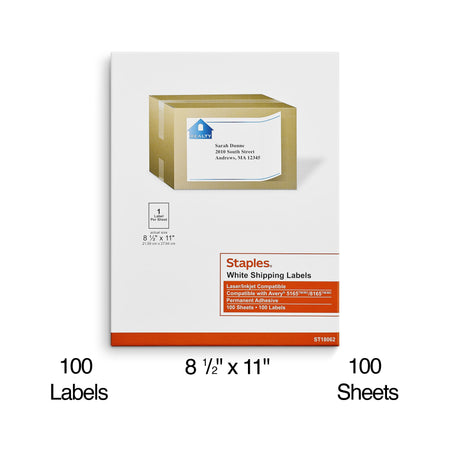 Staples Laser/Inkjet Shipping Labels, 8 1/2" x 11", White, 1 Label/Sheet, 100 Sheets/Box