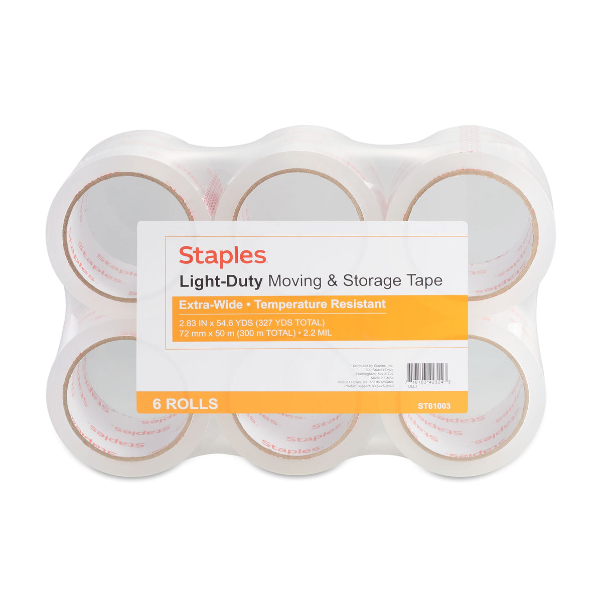 Staples Lightweight Moving & Storage Packing Tape , 2.83" x 54.6 yds., Clear, 6/Rolls