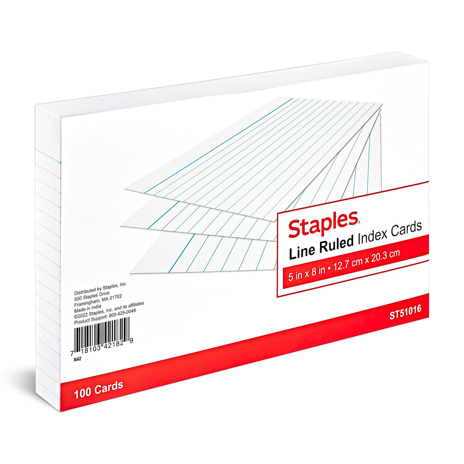 Staples® Lined Index Cards, 5" x 8", White, 100 Cards/Pack