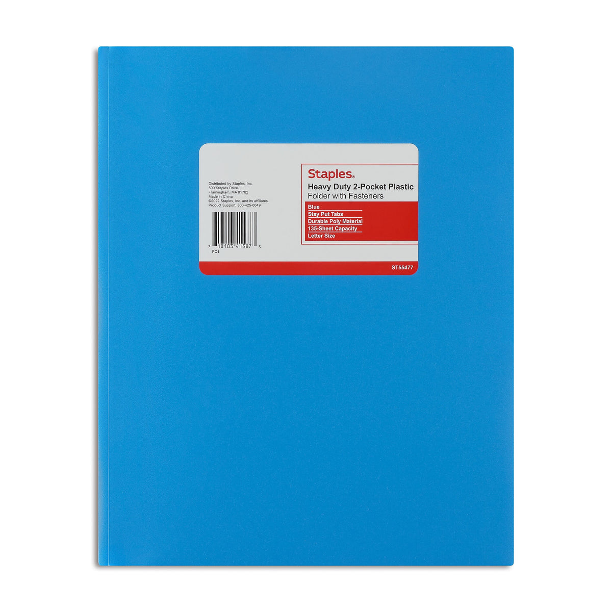 Staples Matte 2-Pocket Plastic Portfolio Folder with Fasteners, Blue