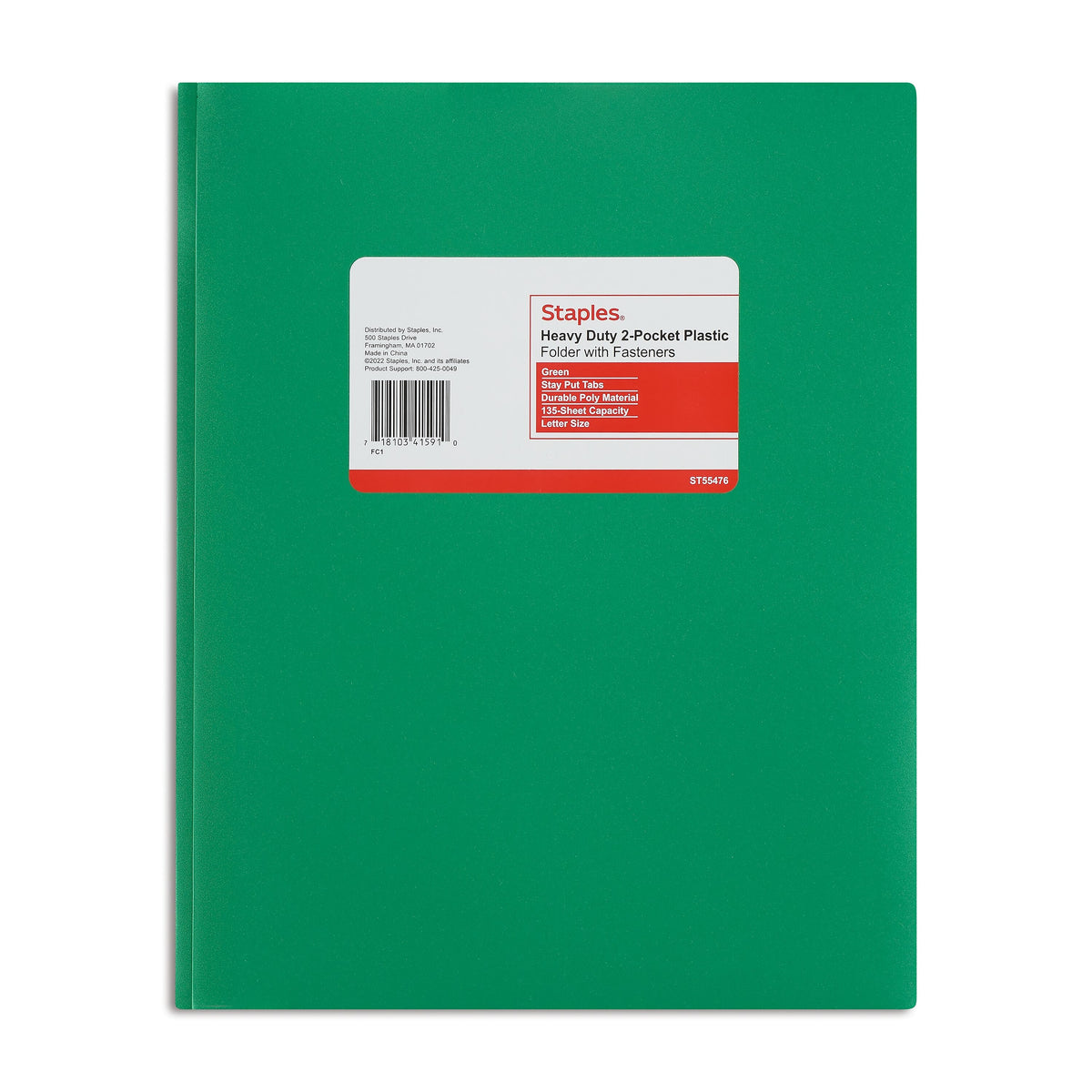 Staples Matte 2-Pocket Plastic Portfolio Folder with Fasteners, Green