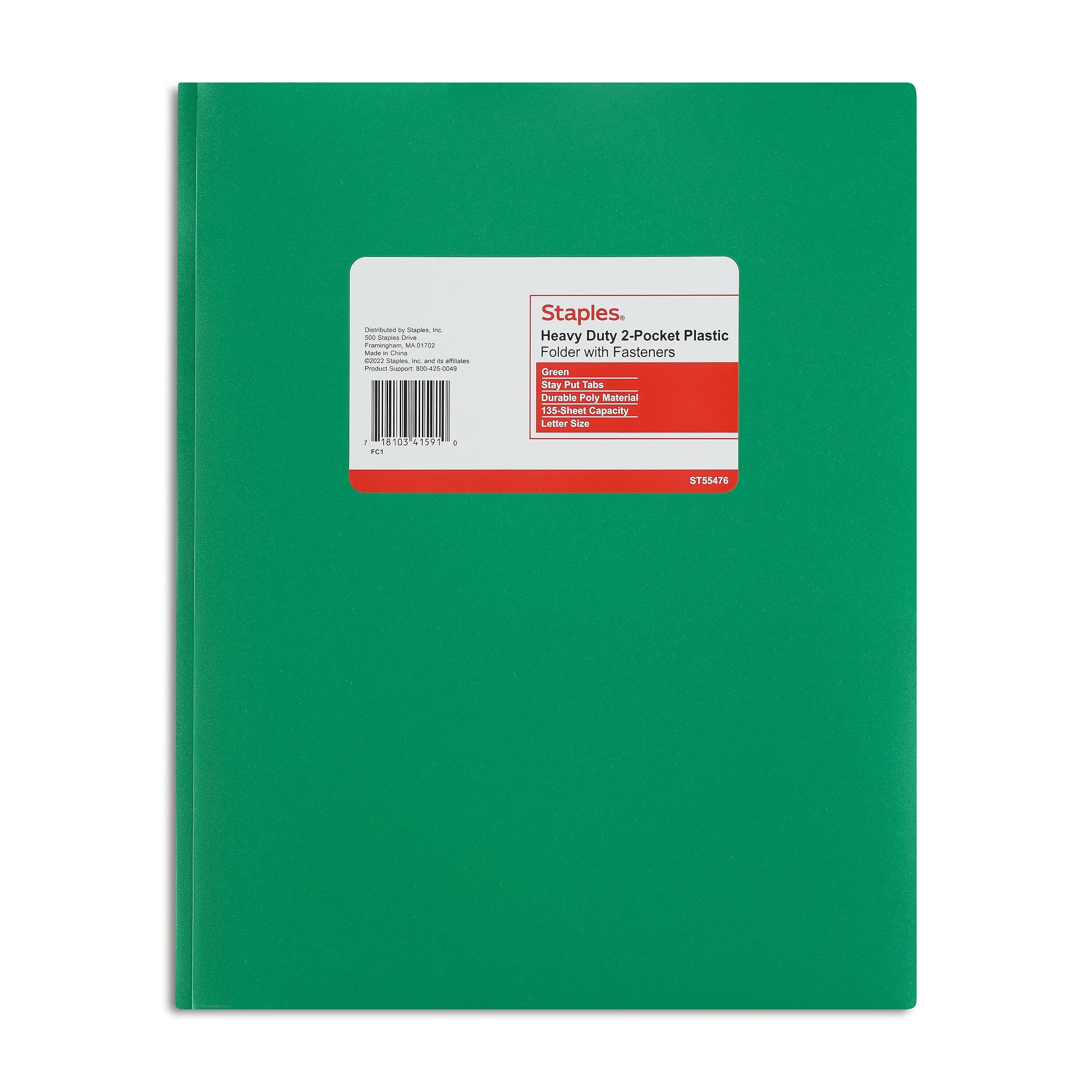 Staples Matte 2-Pocket Plastic Portfolio Folder with Fasteners, Green