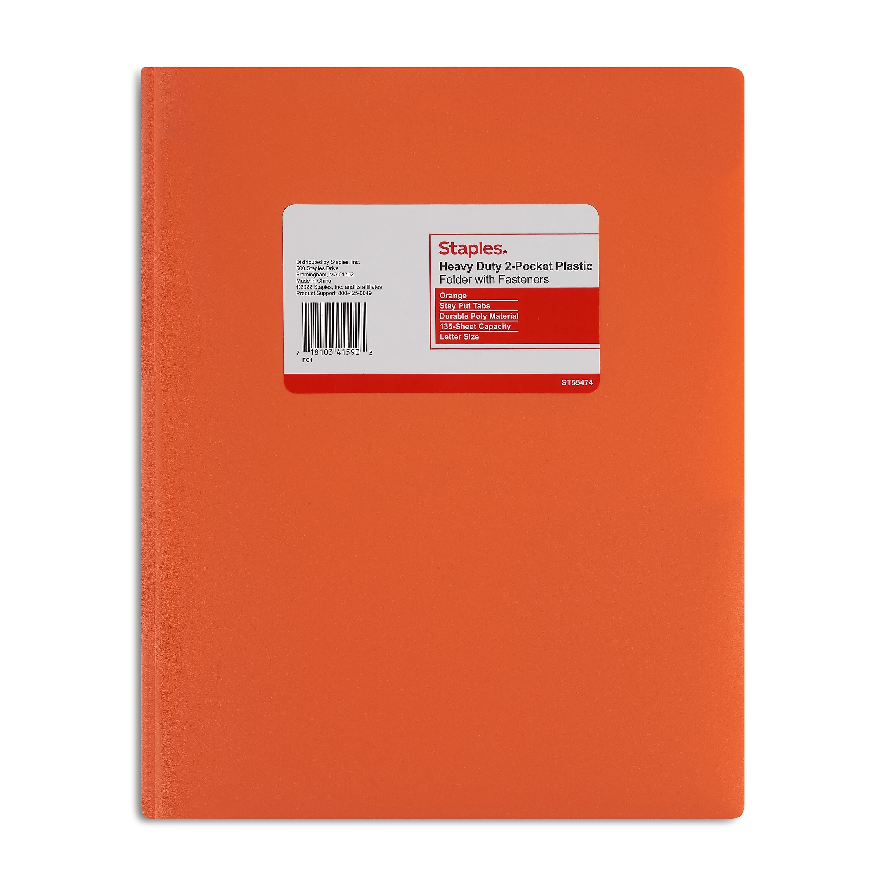 Staples Matte 2-Pocket Plastic Portfolio Folder with Fasteners, Orange