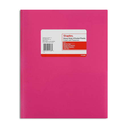 Staples Matte 2-Pocket Plastic Portfolio Folder with Fasteners, Pink