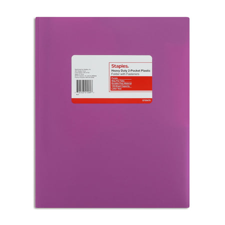 Staples Matte 2-Pocket Plastic Portfolio Folder with Fasteners, Purple