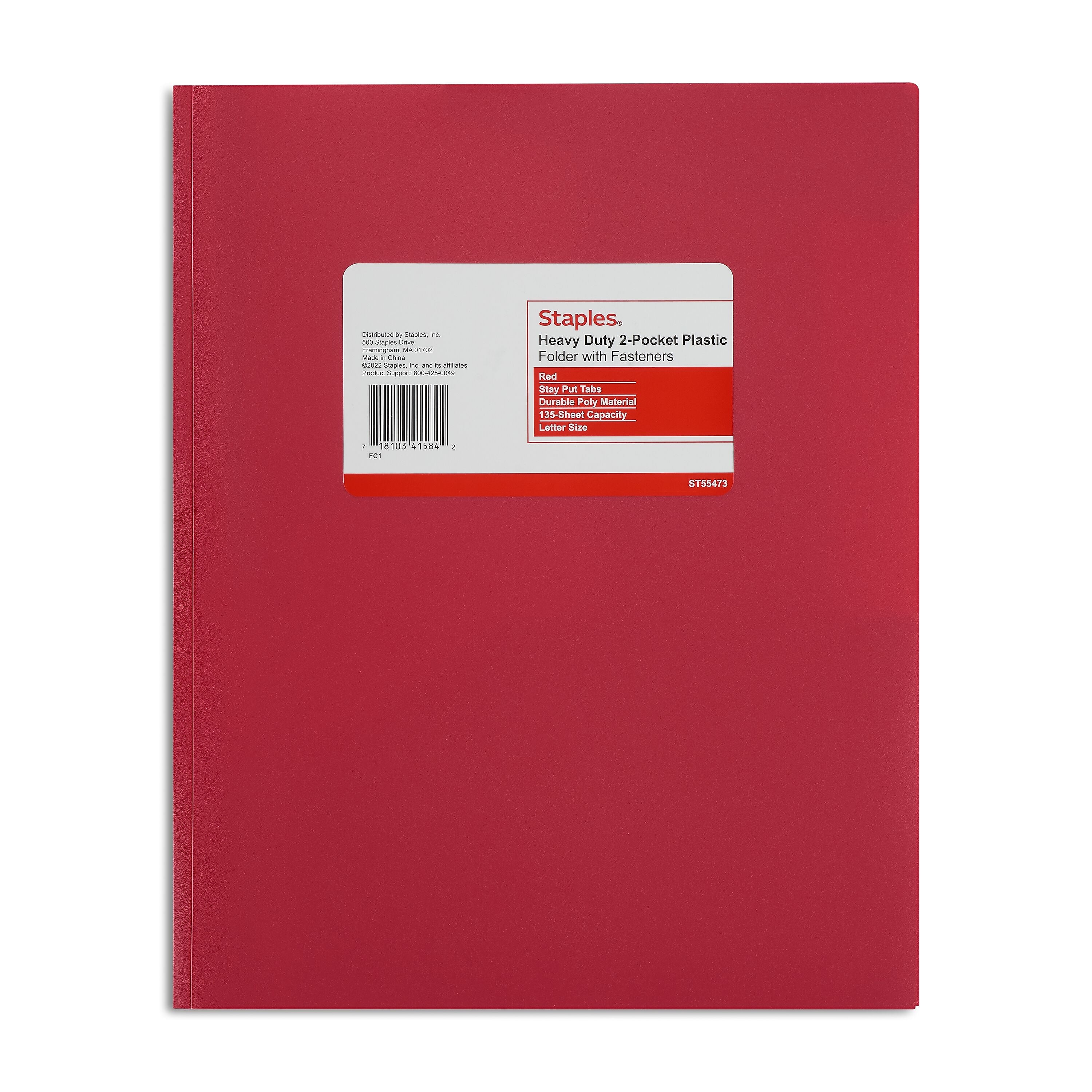 Staples Matte 2-Pocket Plastic Portfolio Folder with Fasteners, Red