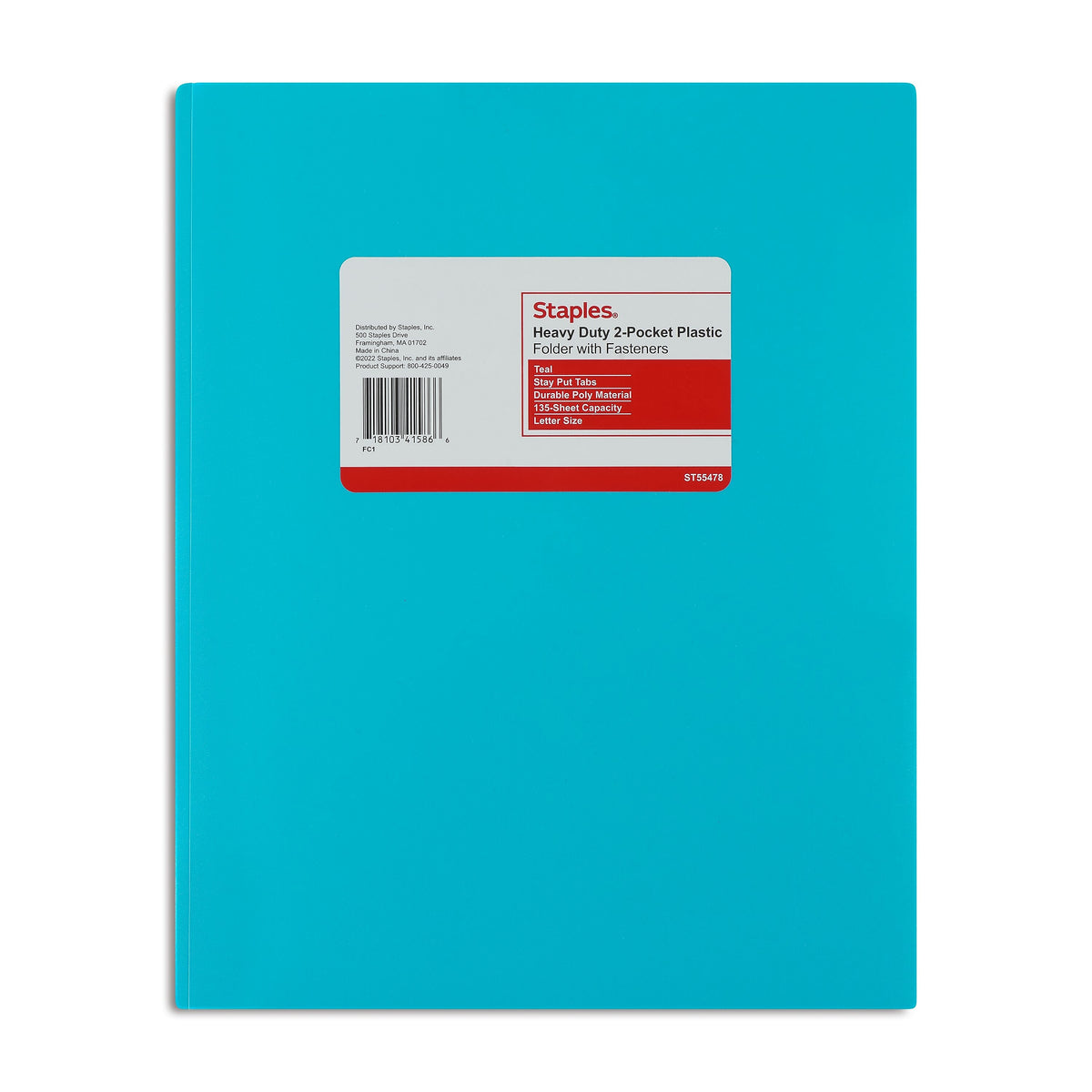 Staples Matte 2-Pocket Plastic Portfolio Folder with Fasteners, Teal