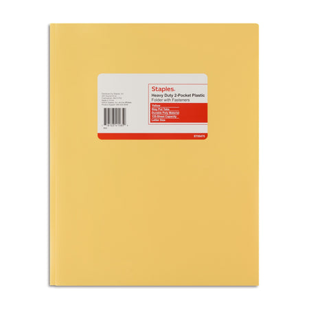 Staples Matte 2-Pocket Plastic Portfolio Folder with Fasteners, Yellow