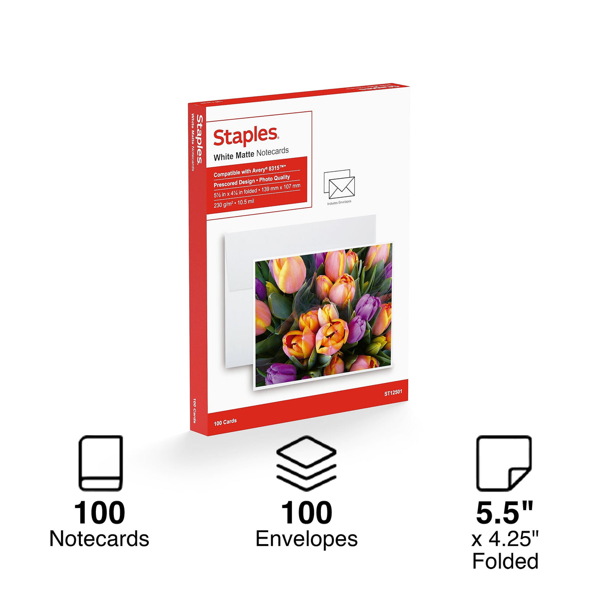 Staples Matte Notecards, 5.5"W x 4.25"L, White, 100/Box