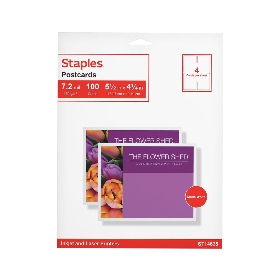 Staples® Matte Postcards, White, 100/Box