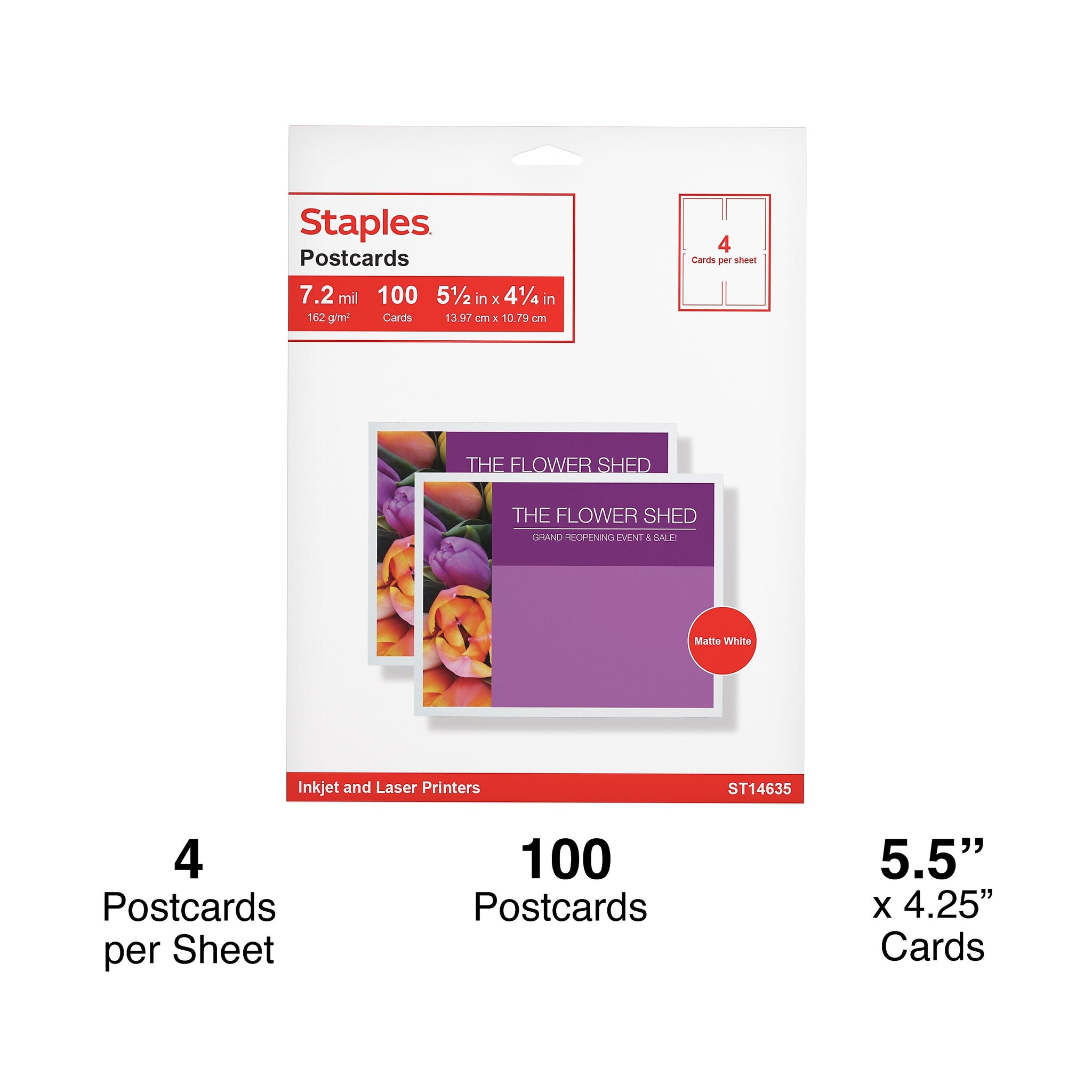 Staples® Matte Postcards, White, 100/Box