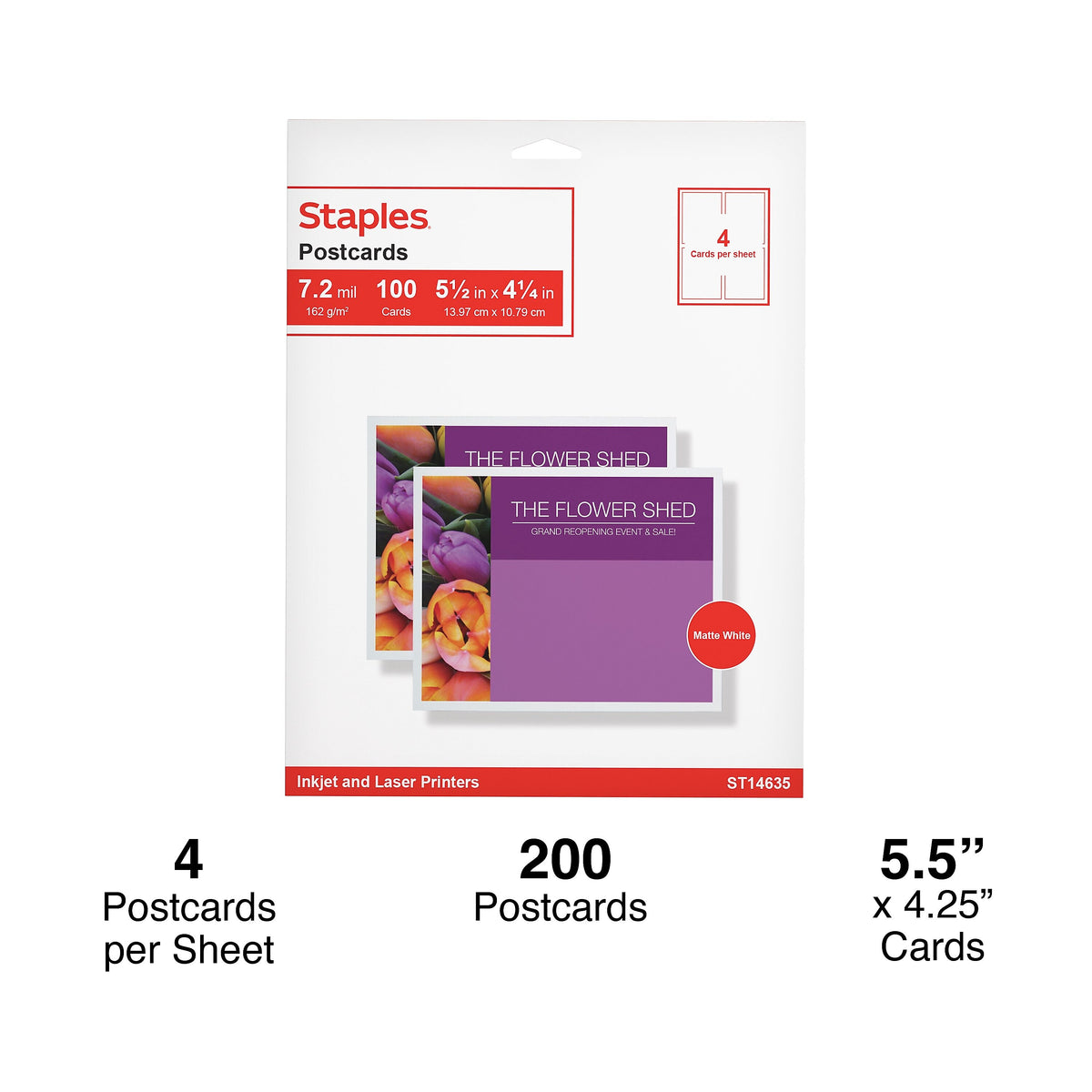 Staples® Matte Postcards, White, 200/Box