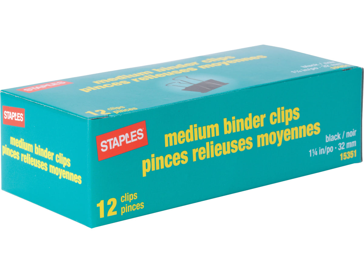 Staples Medium Binder Clips, Black, 12/Pack