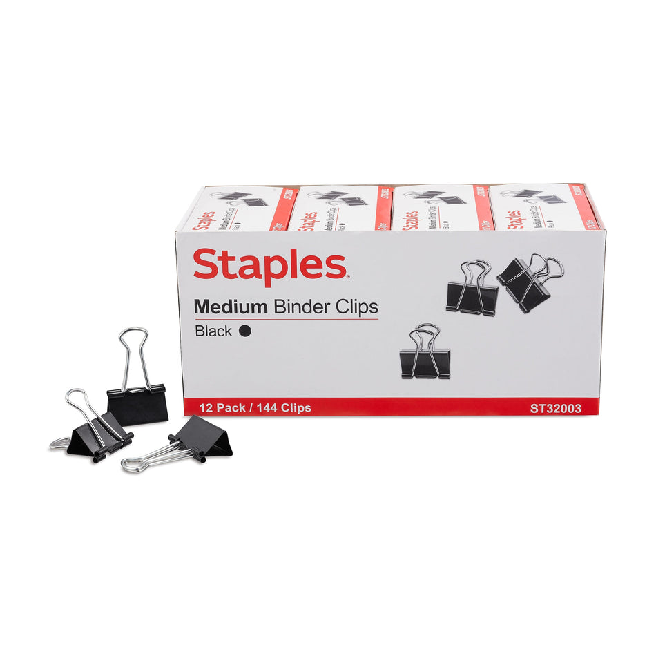 Staples Medium Binder Clips, Medium, Black, 144/Pack