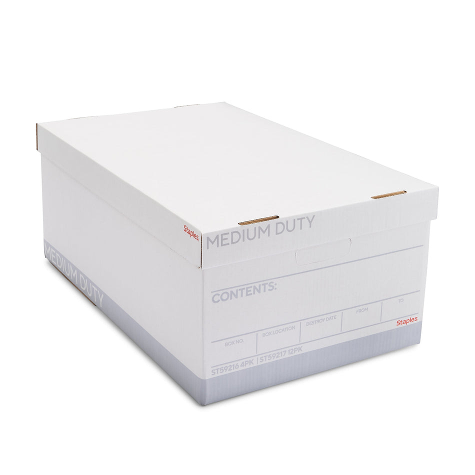 Staples Medium Duty File Box, Lift Off Lid, Legal, White/Gray, 12/Carton