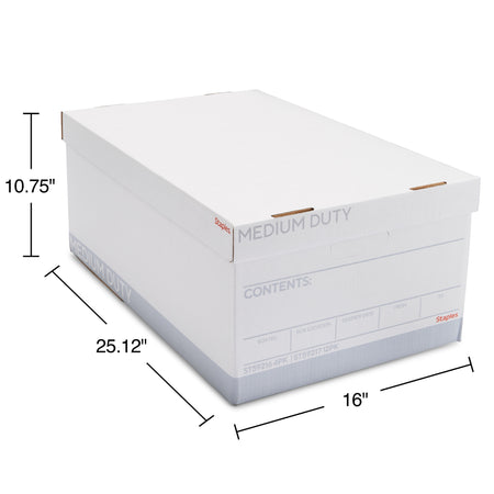 Staples Medium Duty File Box, Lift Off Lid, Legal, White/Gray, 12/Carton