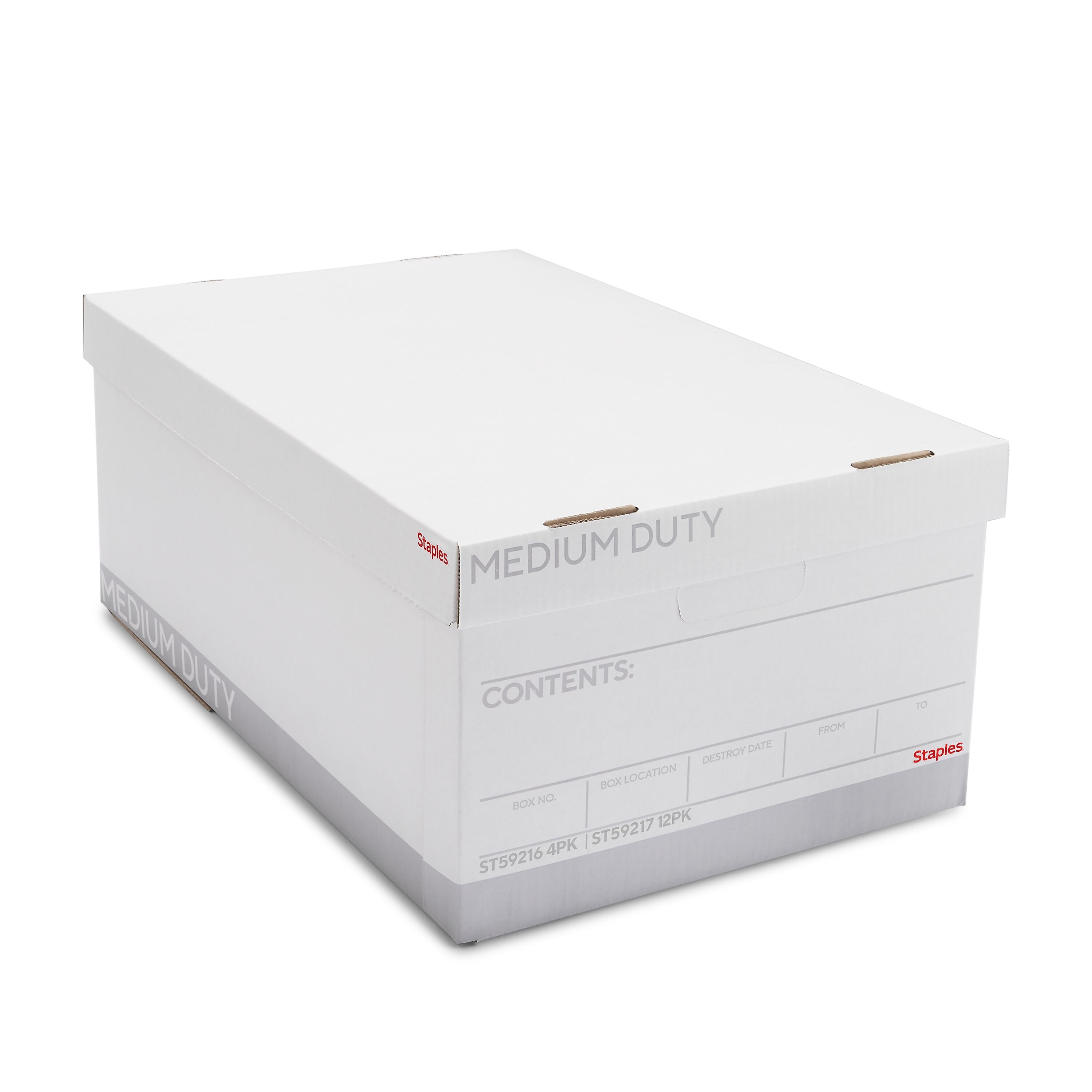 Staples Medium Duty File Box, Lift Off Lid, Legal, White/Gray, 4/Carton