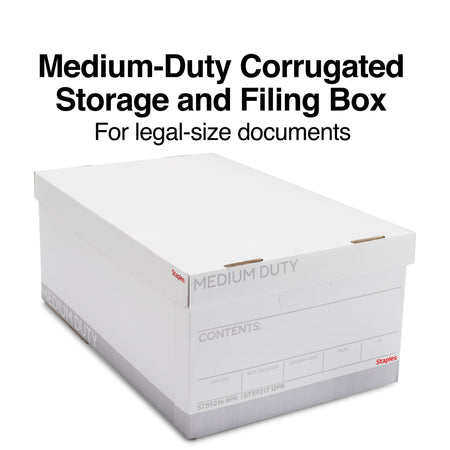 Staples Medium Duty File Box, Lift Off Lid, Legal, White/Gray, 4/Carton