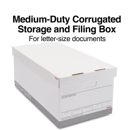 Staples Medium Duty File Box, Lift Off Lid, Letter, White/Gray, 4/Carton