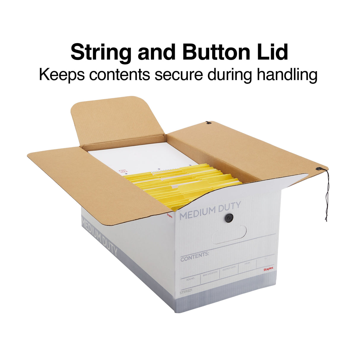 Staples Medium Duty File Box, String and Button Lid, Letter, White/Gray, 12/Case