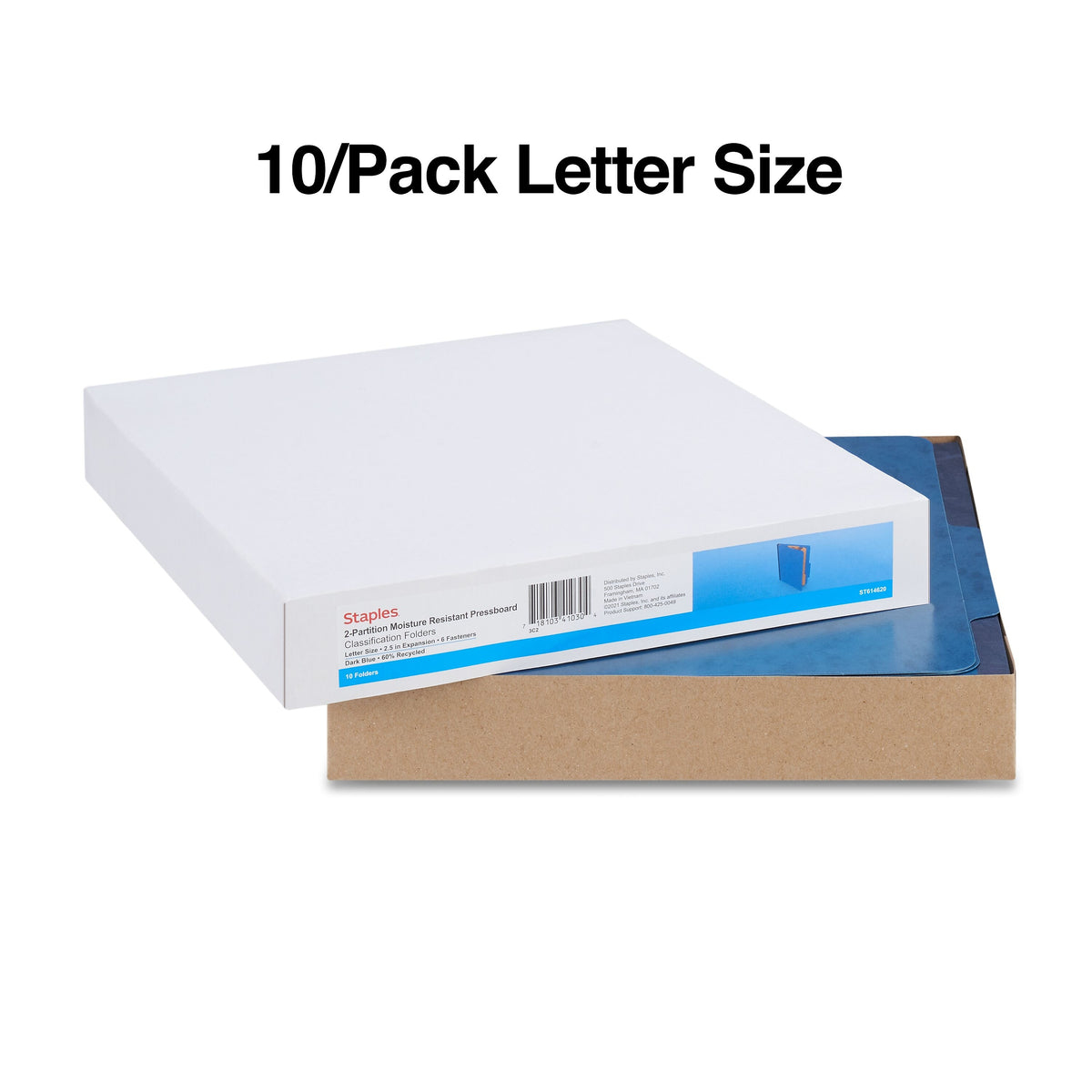 Staples Moisture Resistant Classification Folder, 2-Dividers, 2.5" Expansion, Letter Size, Dark Blue, 10/Box