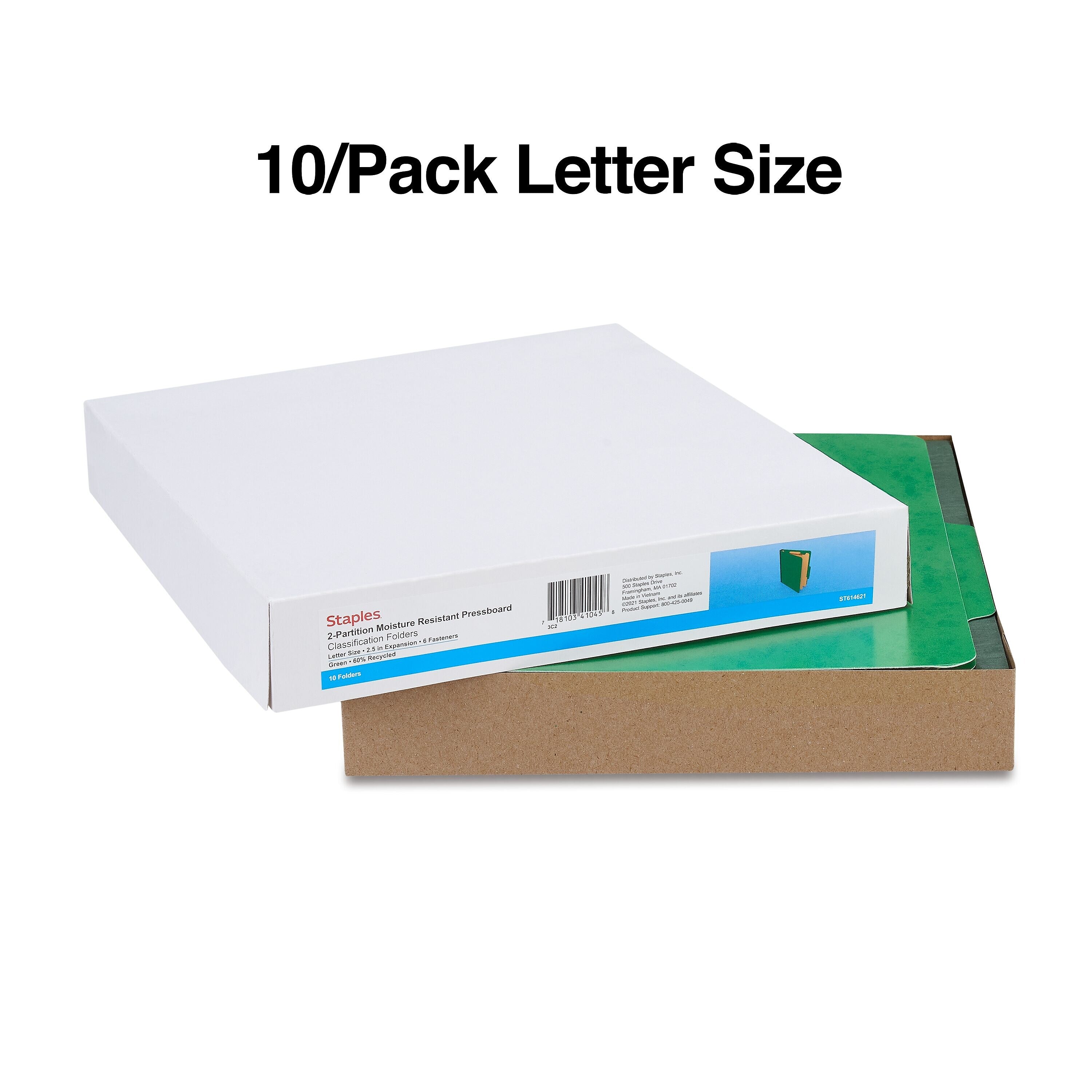 Staples Moisture Resistant Classification Folder, 2-Dividers, 2.5" Expansion, Letter Size, Green, 10/Box