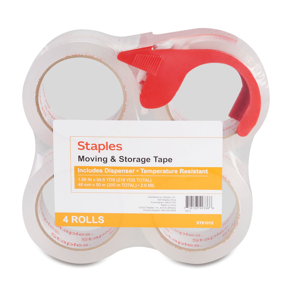 Staples Moving & Storage Packing Tape with Dispenser, 1.88"W x 54.6 yds., Clear, 4 Rolls