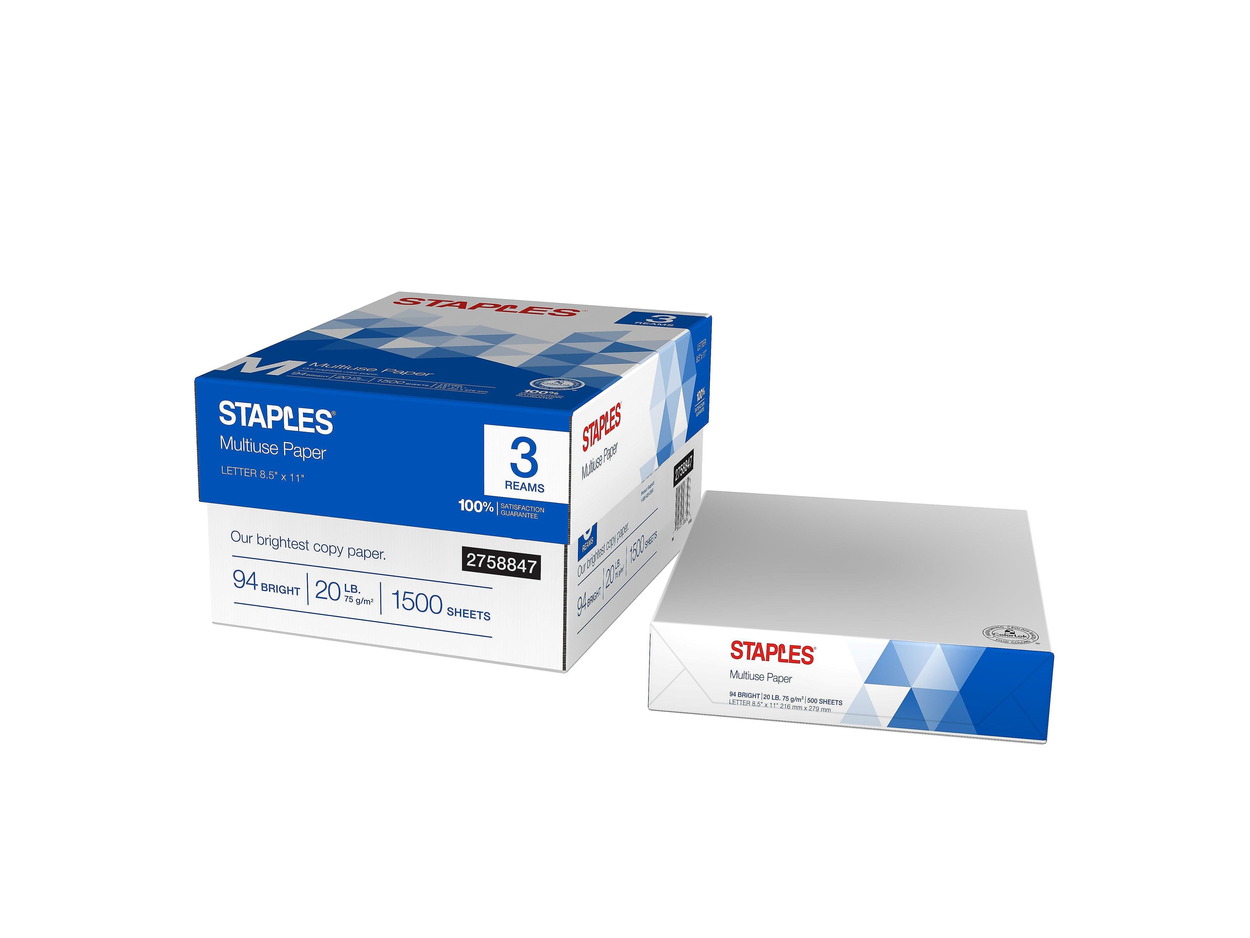 Staples Multiuse 8.5" x 11" Copy Paper, 20 lbs., 94 Brightness, 500/Ream, 3 Reams/Carton