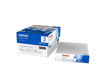 Staples Multiuse 8.5" x 11" Copy Paper, 20 lbs., 94 Brightness, 500/Ream, 3 Reams/Carton