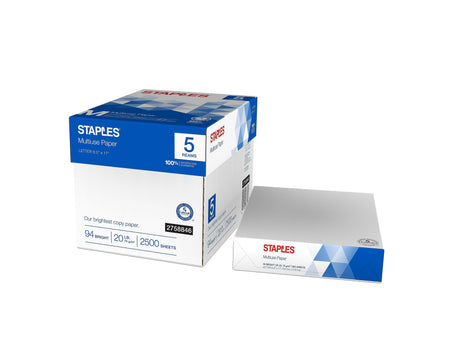 Staples Multiuse Copy Paper, 8.5" x 11", 20 lbs., Bright White, 500 Sheets/Ream, 5 Reams/Carton