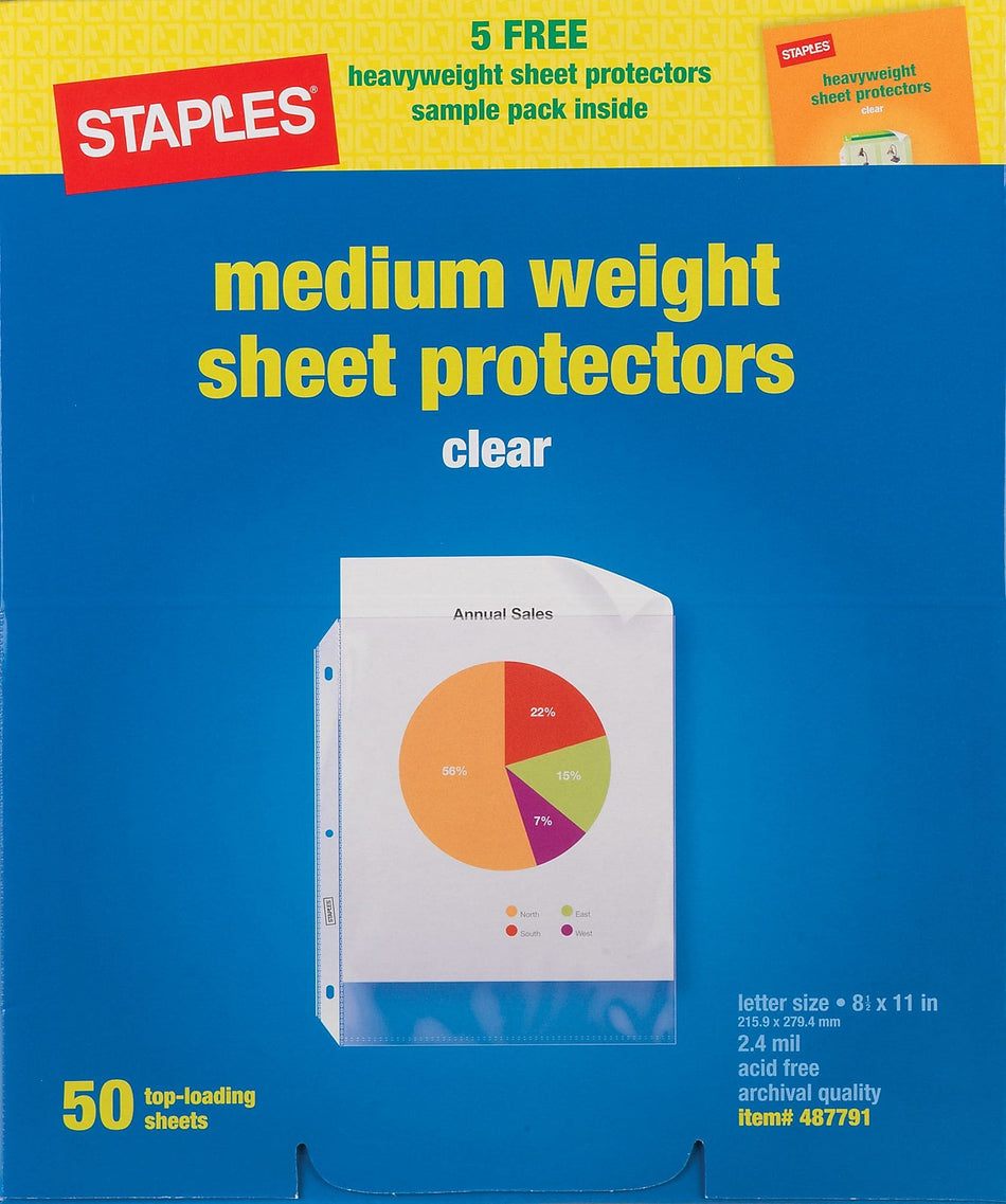 Staples® Nonstick Top-Loading Sheet Protectors, Medium-Weight, Clear, 2.4 mil, 8 1/2" x 11", 50/Bx, 10 Boxes/Ct