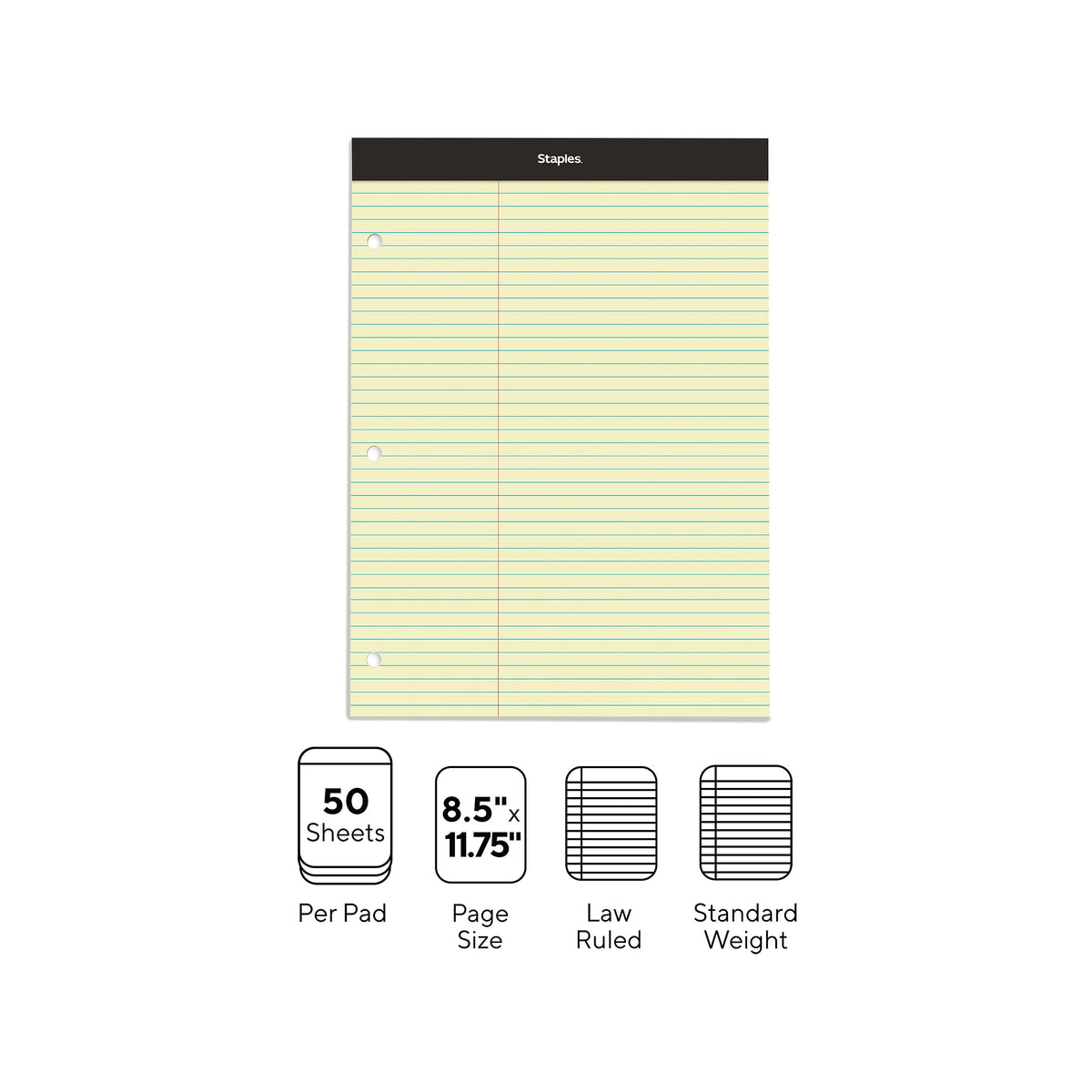 Staples Notepad, 8.5" x 11.75", Law Ruled, Canary, 100 Sheets/Pad, Each