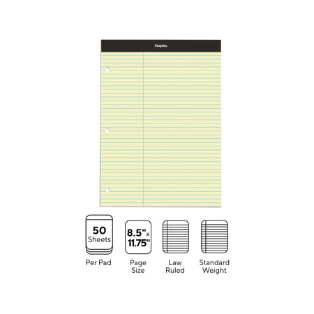 Staples Notepad, 8.5" x 11.75", Law Ruled, Canary, 100 Sheets/Pad, Each