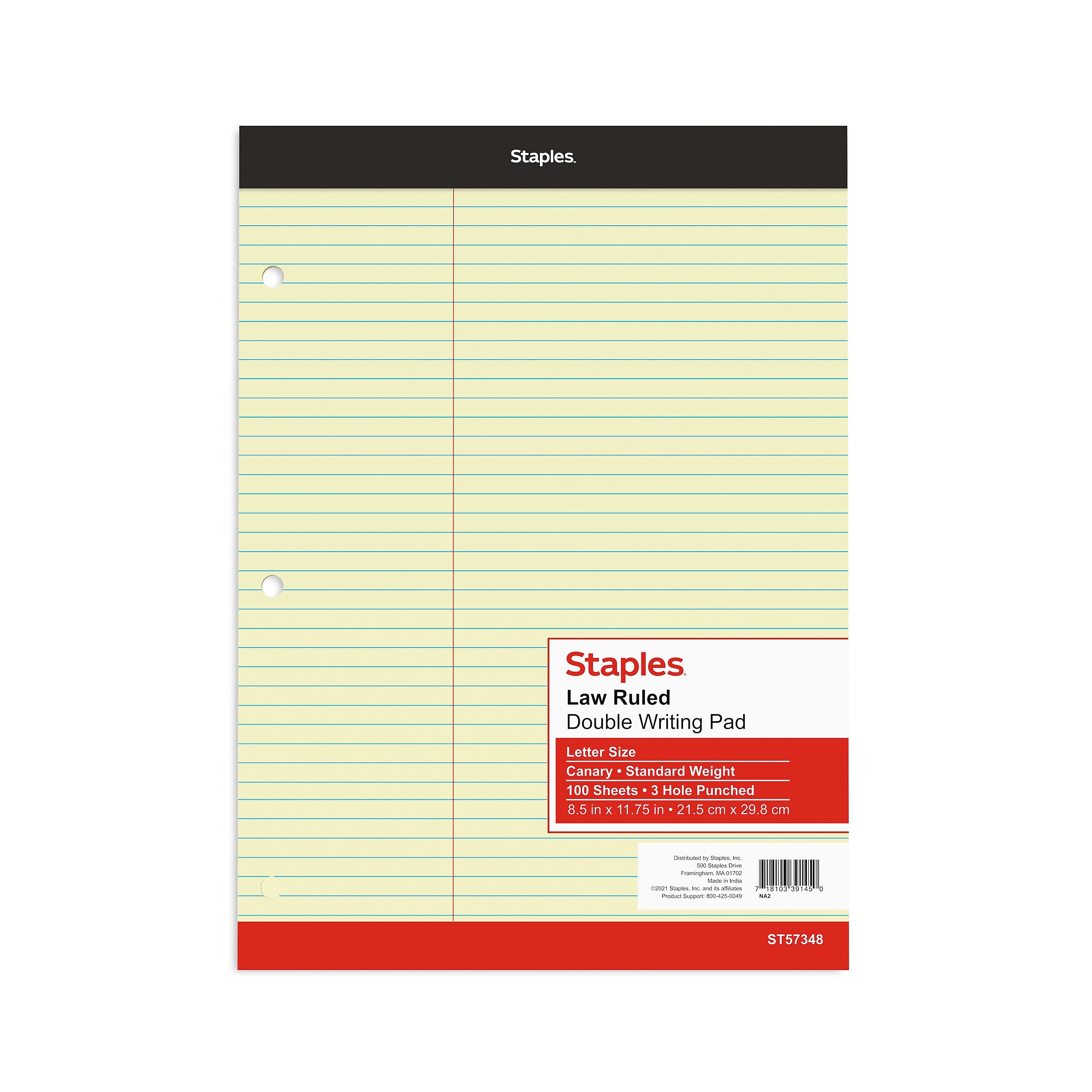 Staples Notepad, 8.5" x 11.75", Law Ruled, Canary, 100 Sheets/Pad, Each