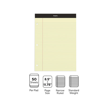 Staples Notepad, 8.5" x 11.75", Narrow Ruled, Canary, 100 Sheets/Pad, Each