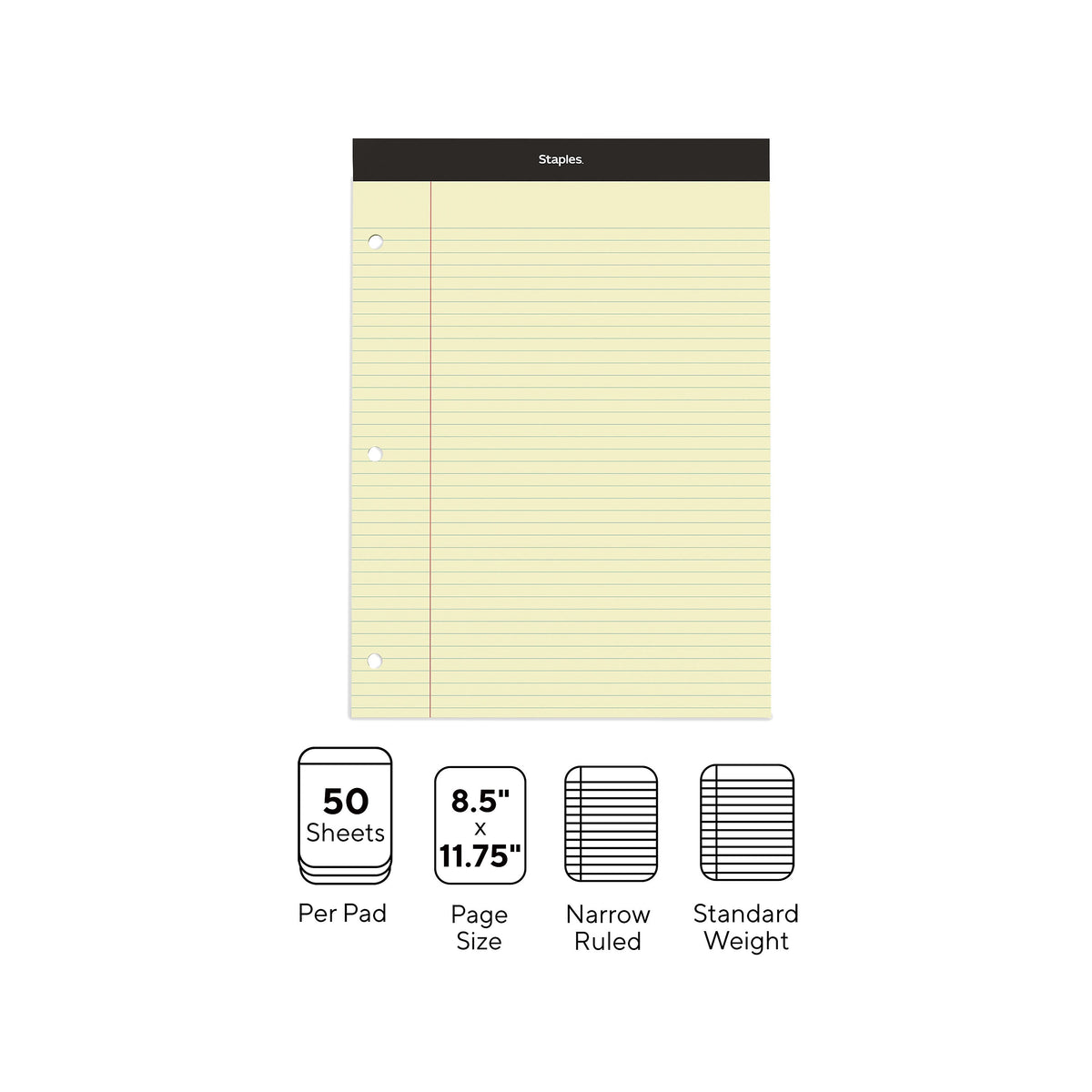 Staples Notepad, 8.5" x 11.75", Narrow Ruled, Canary, 100 Sheets/Pad, Each