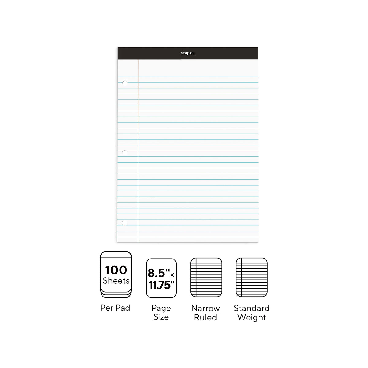 Staples Notepad, 8.5" x 11.75", Narrow Ruled, White, 100 Sheets/Pad, Each