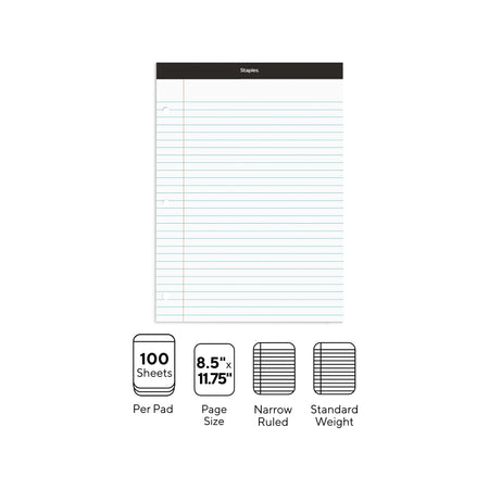 Staples Notepad, 8.5" x 11.75", Narrow Ruled, White, 100 Sheets/Pad, Each