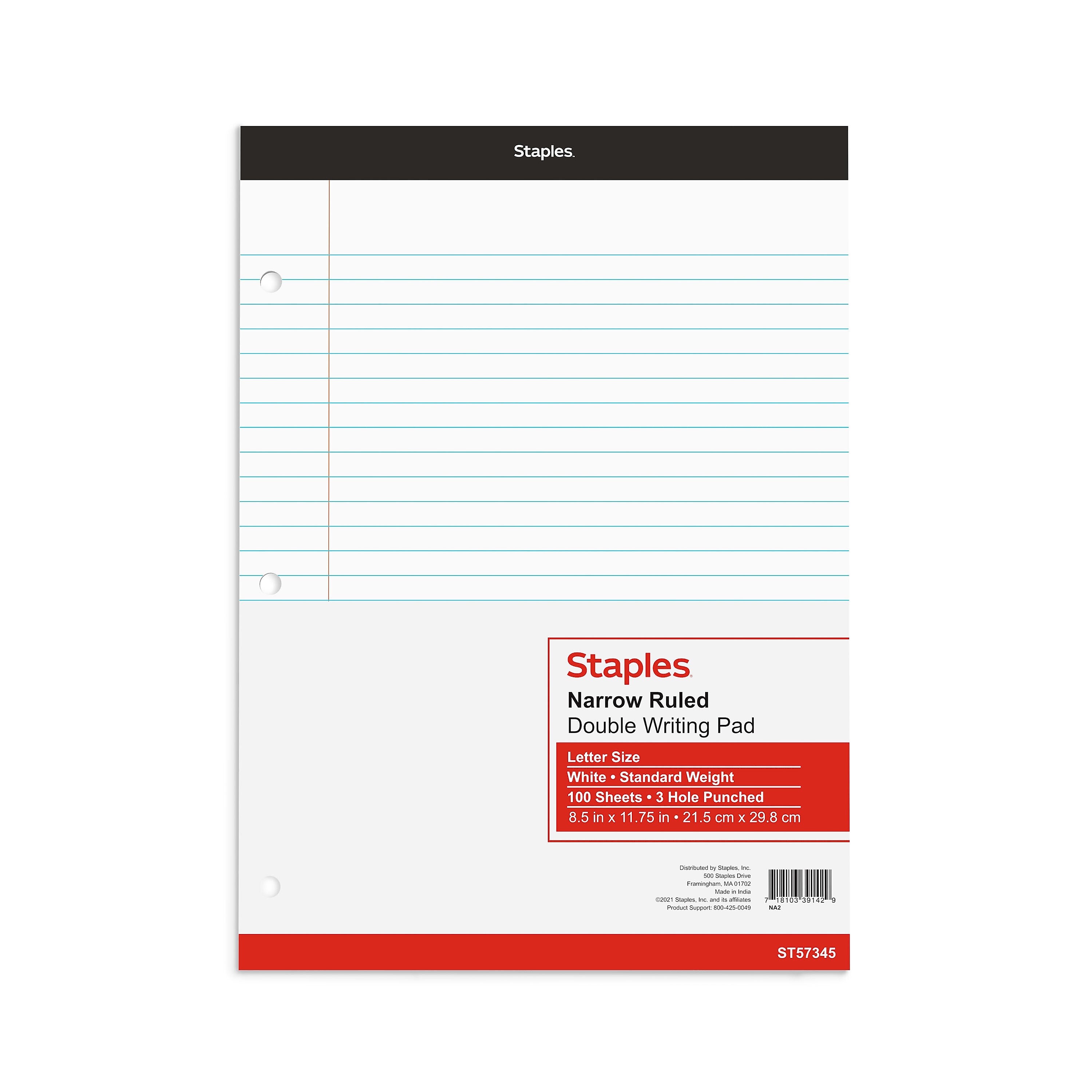 Staples Notepad, 8.5" x 11.75", Narrow Ruled, White, 100 Sheets/Pad, Each