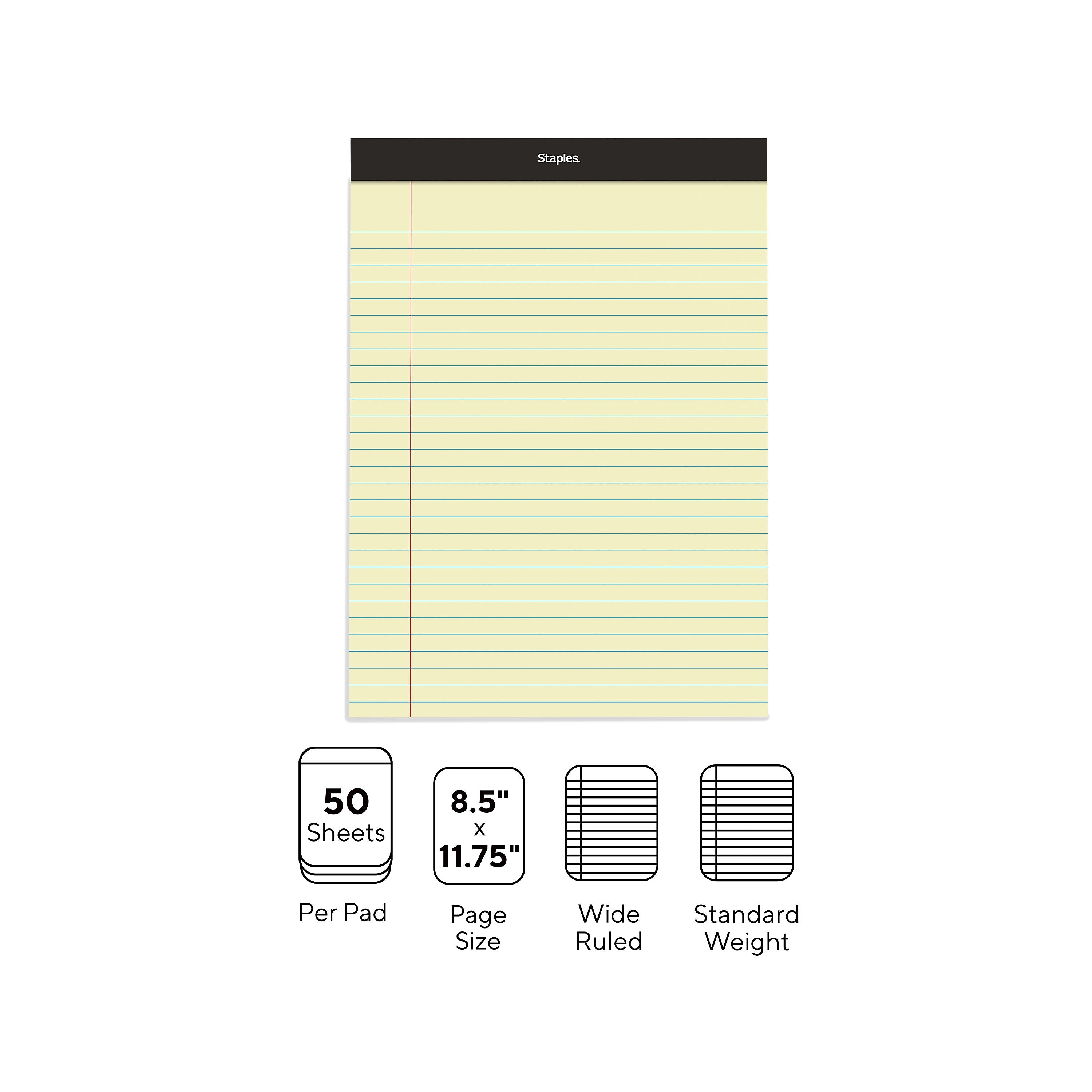 Staples Notepad, 8.5" x 11.75", Wide Ruled, Canary, 50 Sheets/Pad, Dozen Pads/Pack