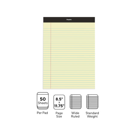 Staples Notepad, 8.5" x 11.75", Wide Ruled, Canary, 50 Sheets/Pad, Dozen Pads/Pack