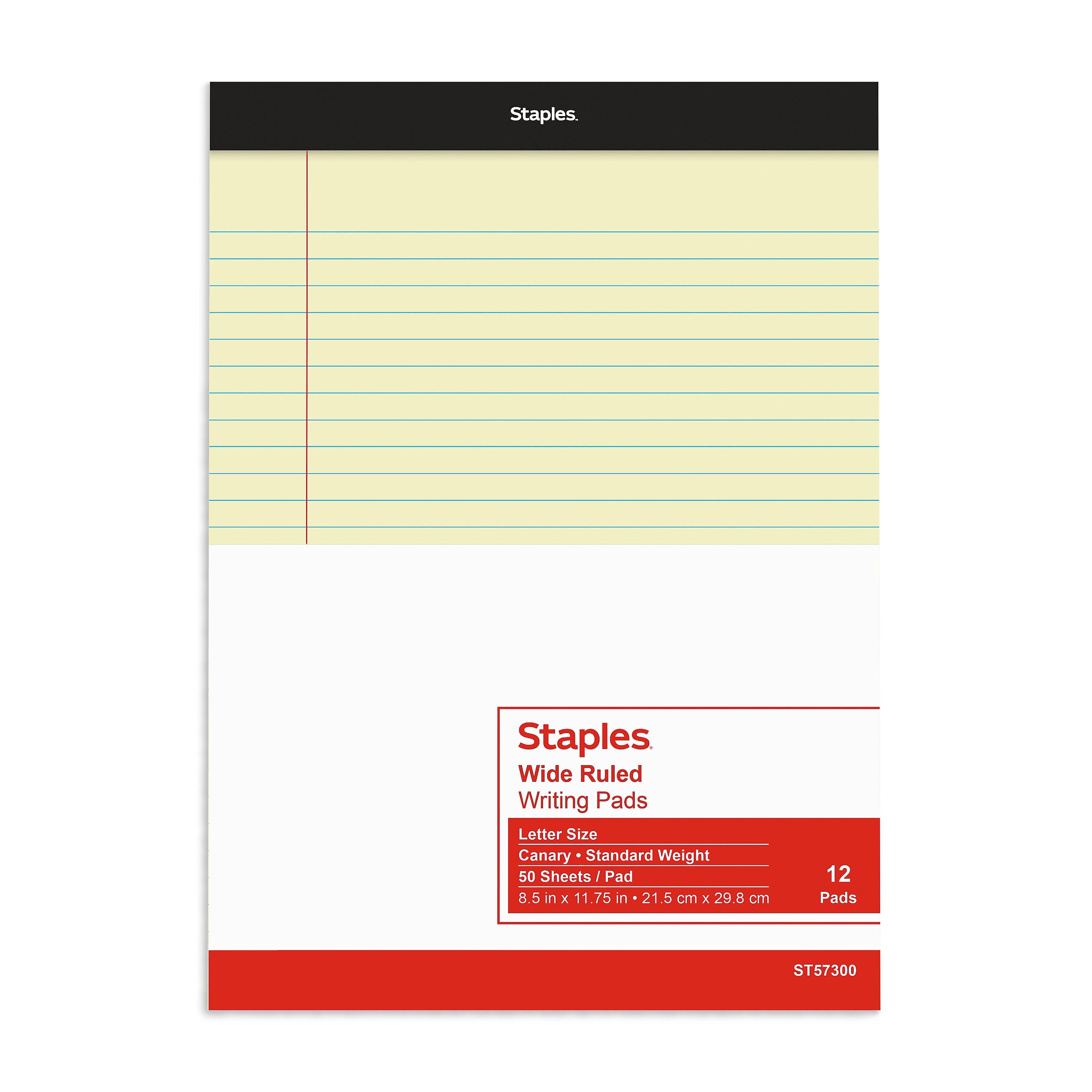 Staples Notepad, 8.5" x 11.75", Wide Ruled, Canary, 50 Sheets/Pad, Dozen Pads/Pack