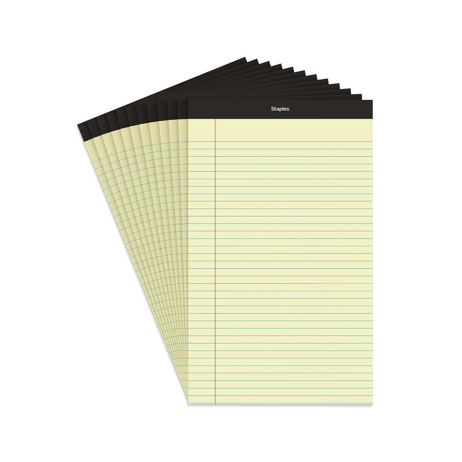 Staples Notepad, 8.5" x 14", Wide Ruled, Canary, 50 Sheets/Pad, Dozen Pads/Pack