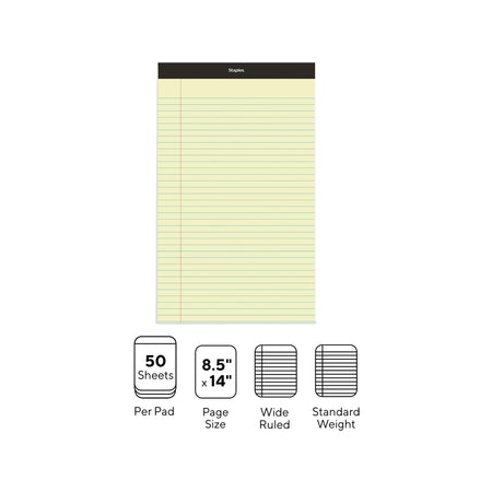 Staples Notepad, 8.5" x 14", Wide Ruled, Canary, 50 Sheets/Pad, Dozen Pads/Pack