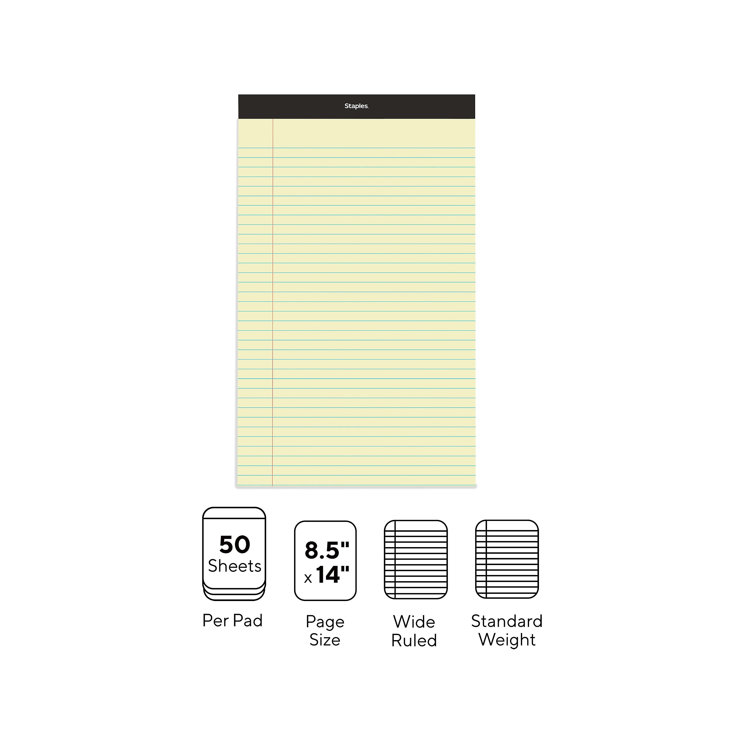 Staples Notepad, 8.5" x 14", Wide Ruled, Canary, 50 Sheets/Pad, Dozen Pads/Pack